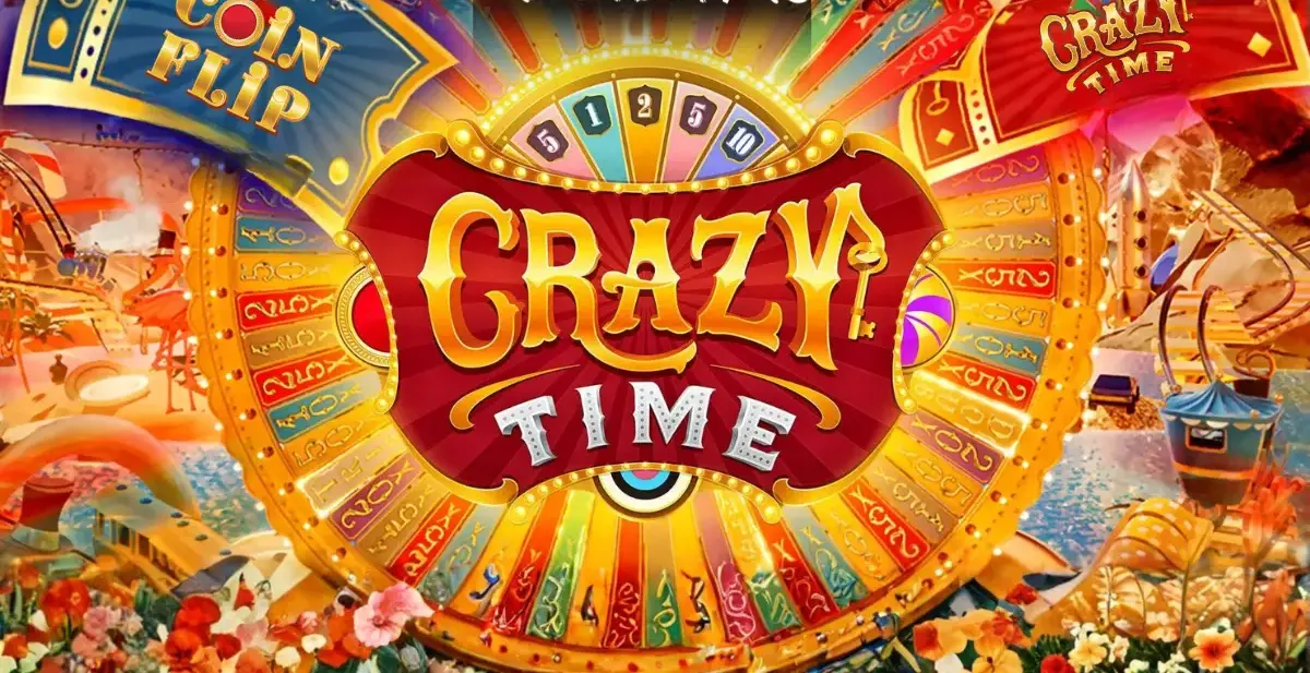 Bright “Crazy Time” promotional image showing a golden carnival wheel with colourful segments and lights, large “CRAZY TIME” title in the centre, and surrounding fairground-themed details with bonus signs like “Coin Flip.”